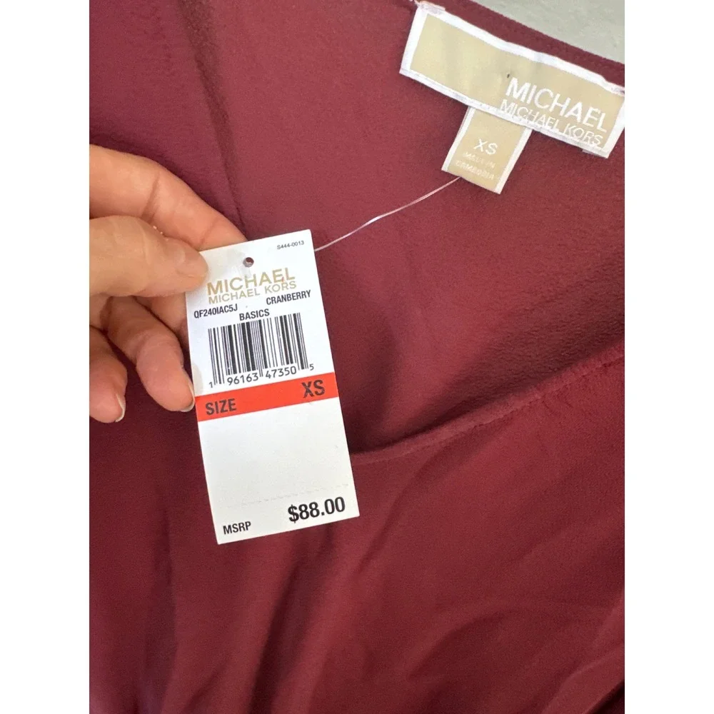NWT‎ Michael Kors Classic V Neck Long Sleeve Cranberry Blous size XS